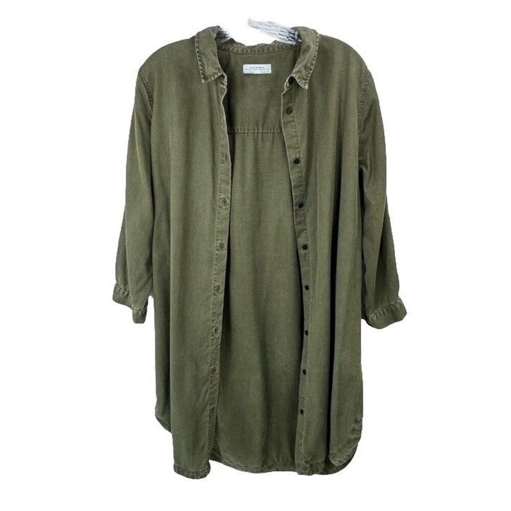 Zara Woman Denim Button Front Shirt Dress Large Army Green 3/4 Sleeves Lyocell - Picture 2 of 11